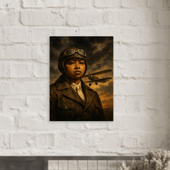 Bessie Coleman before storm clouds and biplane metal print mockup