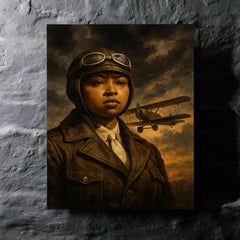 Bessie Coleman before storm clouds and biplane metal print mockup