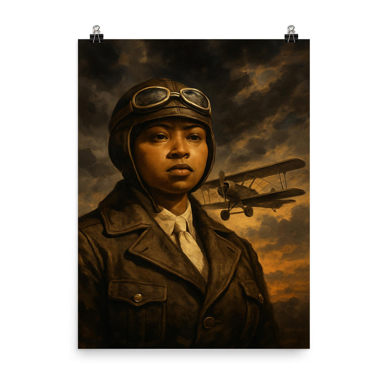 Bessie Coleman before storm clouds and biplane poster on a plain backdrop in size 8