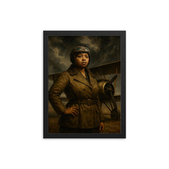 Bessie Coleman beside biplane under storm clouds framed print on a plain backdrop in size 12"x16".