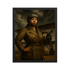 Bessie Coleman beside biplane under storm clouds framed print on a plain backdrop in size 16"x20".