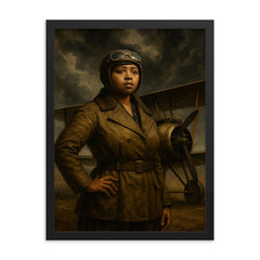 Bessie Coleman beside biplane under storm clouds framed print on a plain backdrop in size 18"x24".