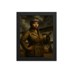 Bessie Coleman beside biplane under storm clouds framed print on a plain backdrop in size 8"x10".
