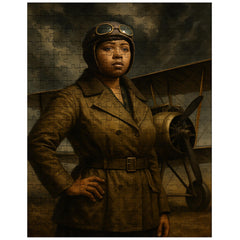 Bessie Coleman beside biplane under storm clouds jigsaw puzzle