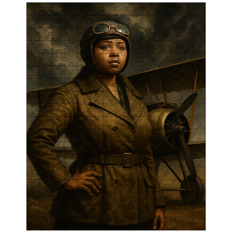 Bessie Coleman beside biplane under storm clouds jigsaw puzzle