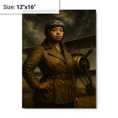 Bessie Coleman beside biplane under storm clouds metal print on a plain backdrop in size 12"x16".