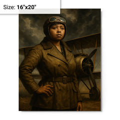Bessie Coleman beside biplane under storm clouds metal print on a plain backdrop in size 16"x20".