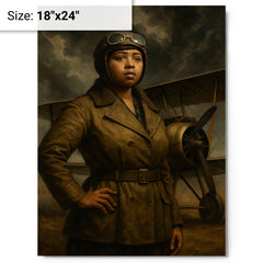 Bessie Coleman beside biplane under storm clouds metal print on a plain backdrop in size 18"x24".