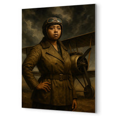 Bessie Coleman beside biplane under storm clouds metal print mockup