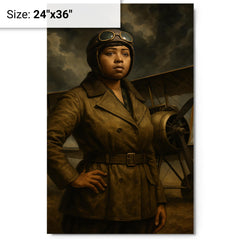Bessie Coleman beside biplane under storm clouds metal print on a plain backdrop in size 24"x36".