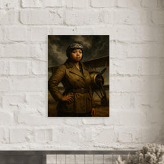Bessie Coleman beside biplane under storm clouds metal print mockup