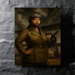 Bessie Coleman beside biplane under storm clouds metal print mockup