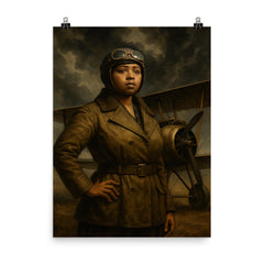 Bessie Coleman beside biplane under storm clouds poster on a plain backdrop in size 8"x10".