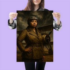 Bessie Coleman beside biplane under storm clouds poster 3