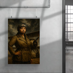 Bessie Coleman beside biplane under storm clouds poster 4