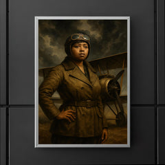 Bessie Coleman beside biplane under storm clouds poster 5