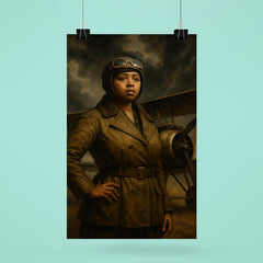 Bessie Coleman beside biplane under storm clouds poster 6
