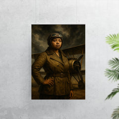 Bessie Coleman beside biplane under storm clouds poster 7