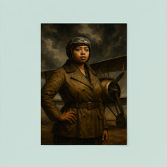 Bessie Coleman beside biplane under storm clouds poster 8