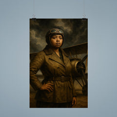 Bessie Coleman beside biplane under storm clouds poster 9