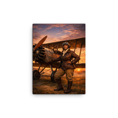 Bessie Coleman beside her biplane at dawn canvas print on a plain backdrop in size 12"x16".