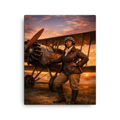 Bessie Coleman beside her biplane at dawn canvas print on a plain backdrop in size 16"x20".