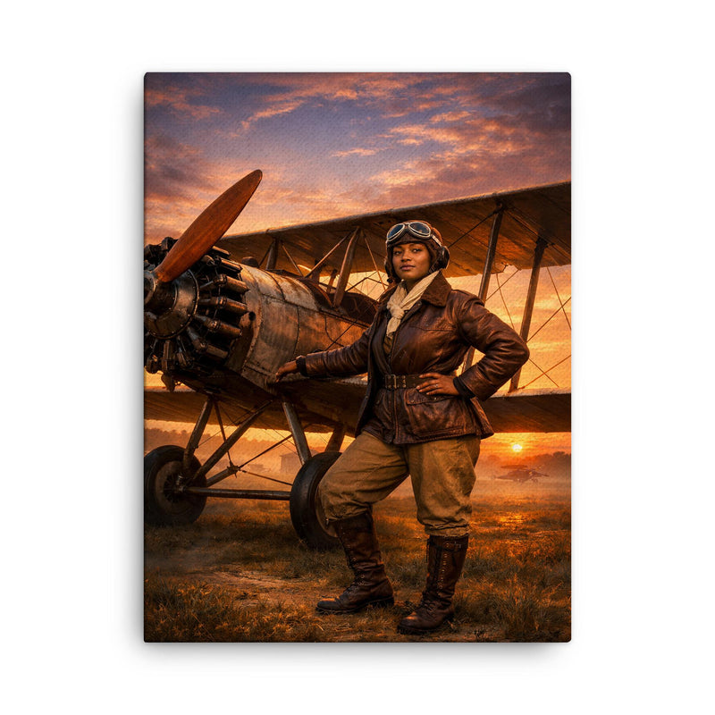 Bessie Coleman beside her biplane at dawn canvas print on a plain backdrop in size 18