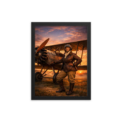 Bessie Coleman beside her biplane at dawn framed print on a plain backdrop in size 12"x16".