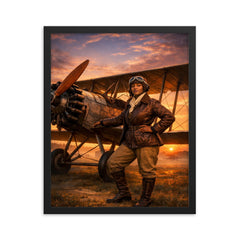Bessie Coleman beside her biplane at dawn framed print on a plain backdrop in size 16"x20".