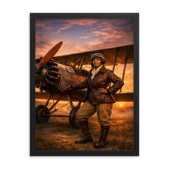 Bessie Coleman beside her biplane at dawn framed print on a plain backdrop in size 18"x24".
