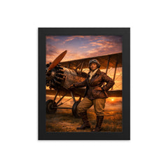 Bessie Coleman beside her biplane at dawn framed print on a plain backdrop in size 8"x10".