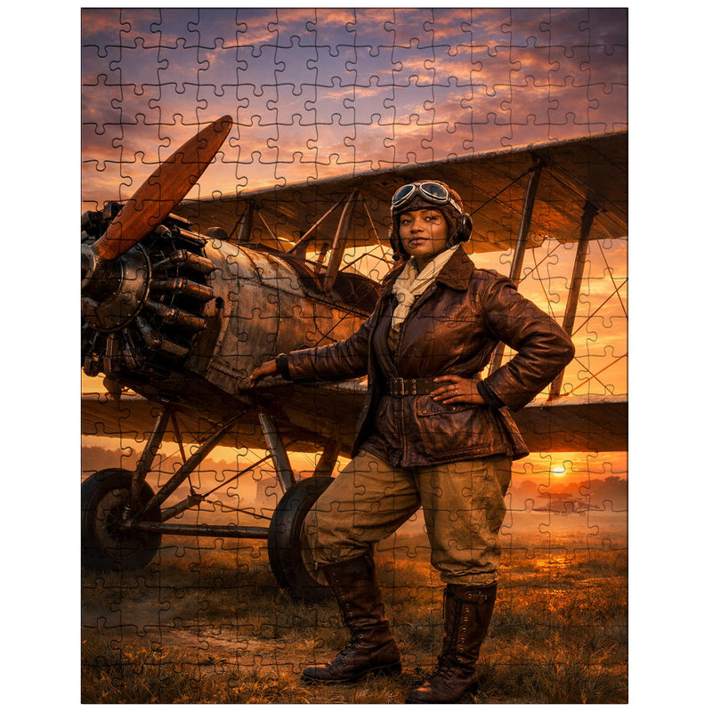 Bessie Coleman beside her biplane at dawn jigsaw puzzle