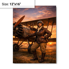 Bessie Coleman beside her biplane at dawn metal print on a plain backdrop in size 12"x16".