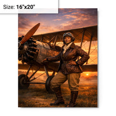 Bessie Coleman beside her biplane at dawn metal print on a plain backdrop in size 16"x20".