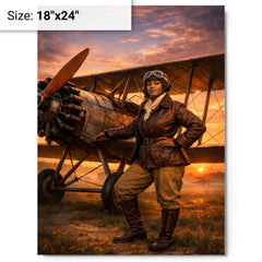 Bessie Coleman beside her biplane at dawn metal print on a plain backdrop in size 18"x24".