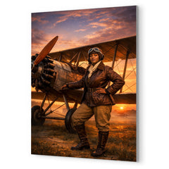Bessie Coleman beside her biplane at dawn metal print mockup