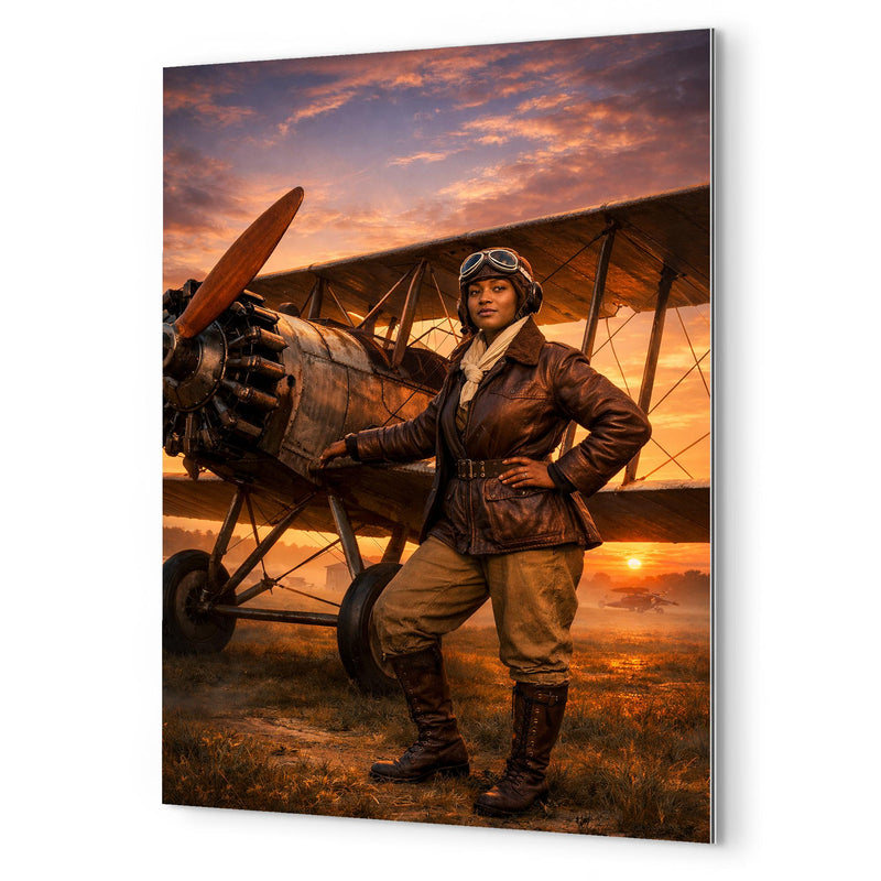 Bessie Coleman beside her biplane at dawn metal print mockup