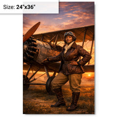 Bessie Coleman beside her biplane at dawn metal print on a plain backdrop in size 24"x36".