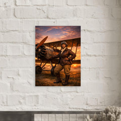 Bessie Coleman beside her biplane at dawn metal print mockup