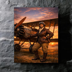 Bessie Coleman beside her biplane at dawn metal print mockup