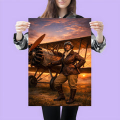 Bessie Coleman beside her biplane at dawn poster 3