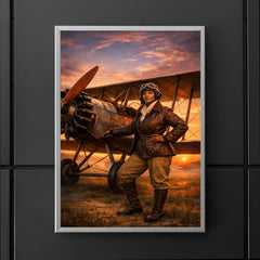 Bessie Coleman beside her biplane at dawn poster 5