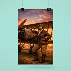 Bessie Coleman beside her biplane at dawn poster 6
