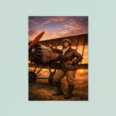 Bessie Coleman beside her biplane at dawn poster 8