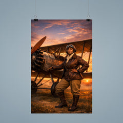 Bessie Coleman beside her biplane at dawn poster 9