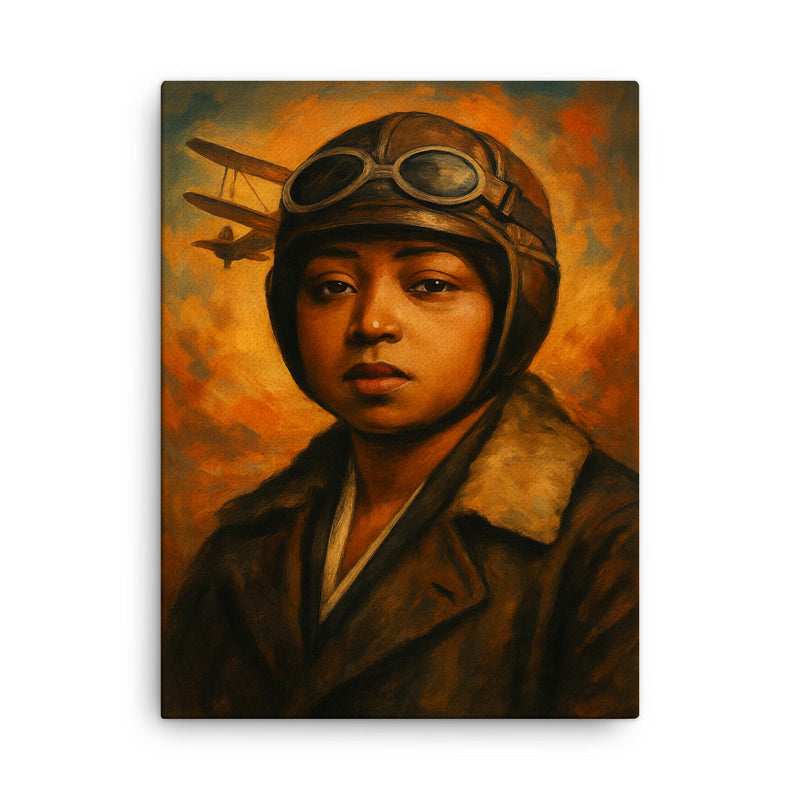 Bessie Coleman portrait canvas print on a plain backdrop in size 18