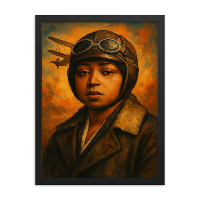 Bessie Coleman portrait framed print on a plain backdrop in size 18
