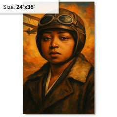 Bessie Coleman portrait metal print on a plain backdrop in size 24"x36".