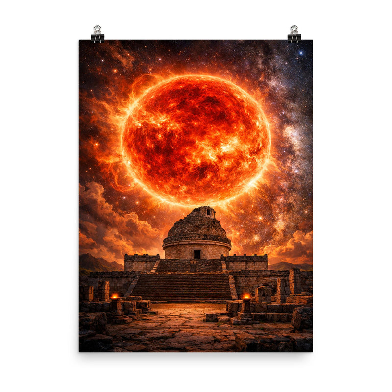 Betelgeuse red supergiant over ancient observatory poster on a plain backdrop in size 8