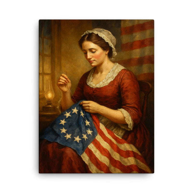 Betsy Ross canvas print on a plain backdrop in size 18